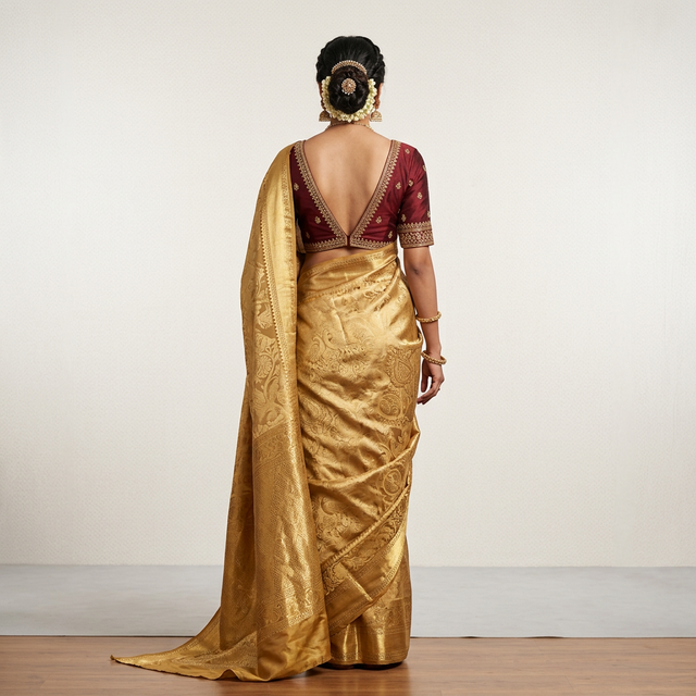 Deep V-neck back blouse design in maroon silk paired with gold Kanjivaram saree, ideal for wedding ceremonies and receptions