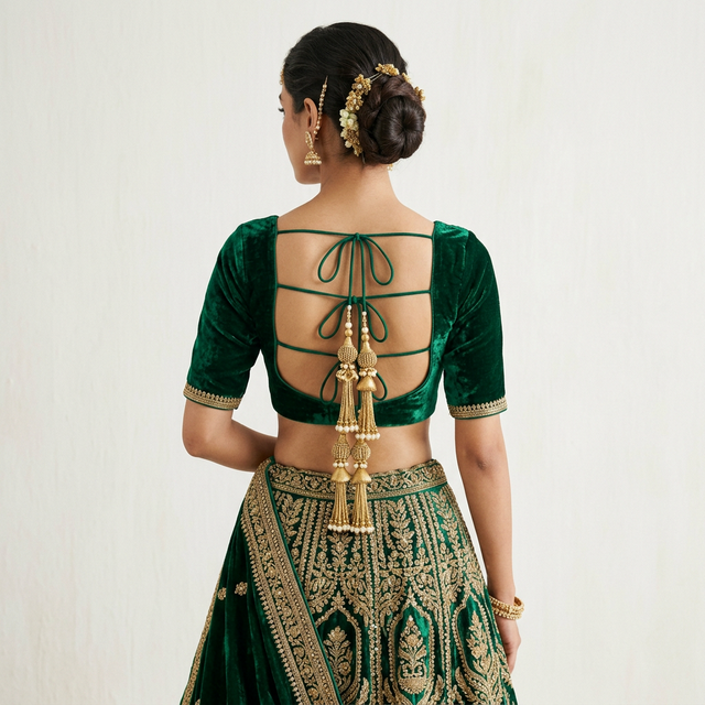 Dori string back blouse in emerald green velvet with decorative gold tassels (latkans), trending bridal back design 2026