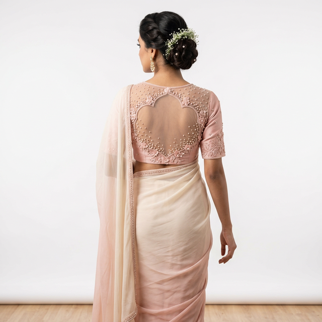 Sheer net illusion back blouse in blush pink with pearl applique work, ideal for cocktail parties and designer sarees