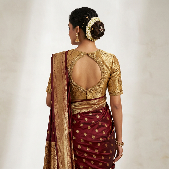 Pot neck (matka) back blouse design in gold silk brocade with maroon Banarasi saree, classic South Indian bridal style