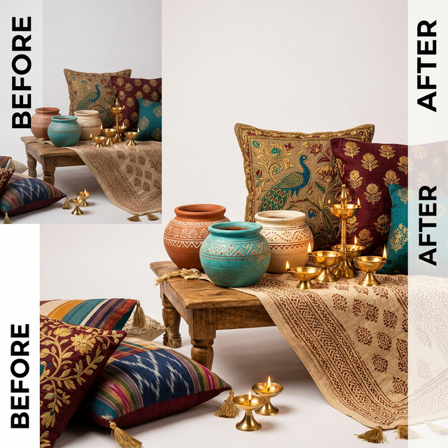 StitchMagic AI photo enhancement for home decor sellers — handcrafted pots, brass diyas, embroidered cushions before and after AI enhancement