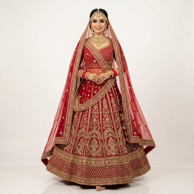 Red and gold bridal A-line lehenga with heavy zardosi work, dupatta, and traditional gold jewelry — ideal for Hindu wedding phera ceremony