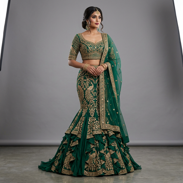 Emerald green mermaid fishtail lehenga with intricate gold embroidery, fitted through hips flaring at knees — perfect for reception and cocktail