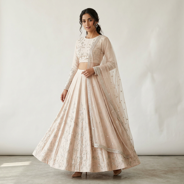 Modern minimal blush ivory lehenga with delicate silver thread embroidery and full-sleeve blouse — contemporary Indian wedding fashion