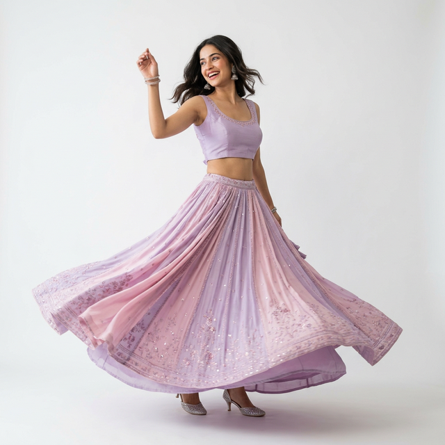 Pastel lavender circular flared party wear lehenga with subtle sequin work and modern sleeveless blouse — ideal for sangeet and festive occasions